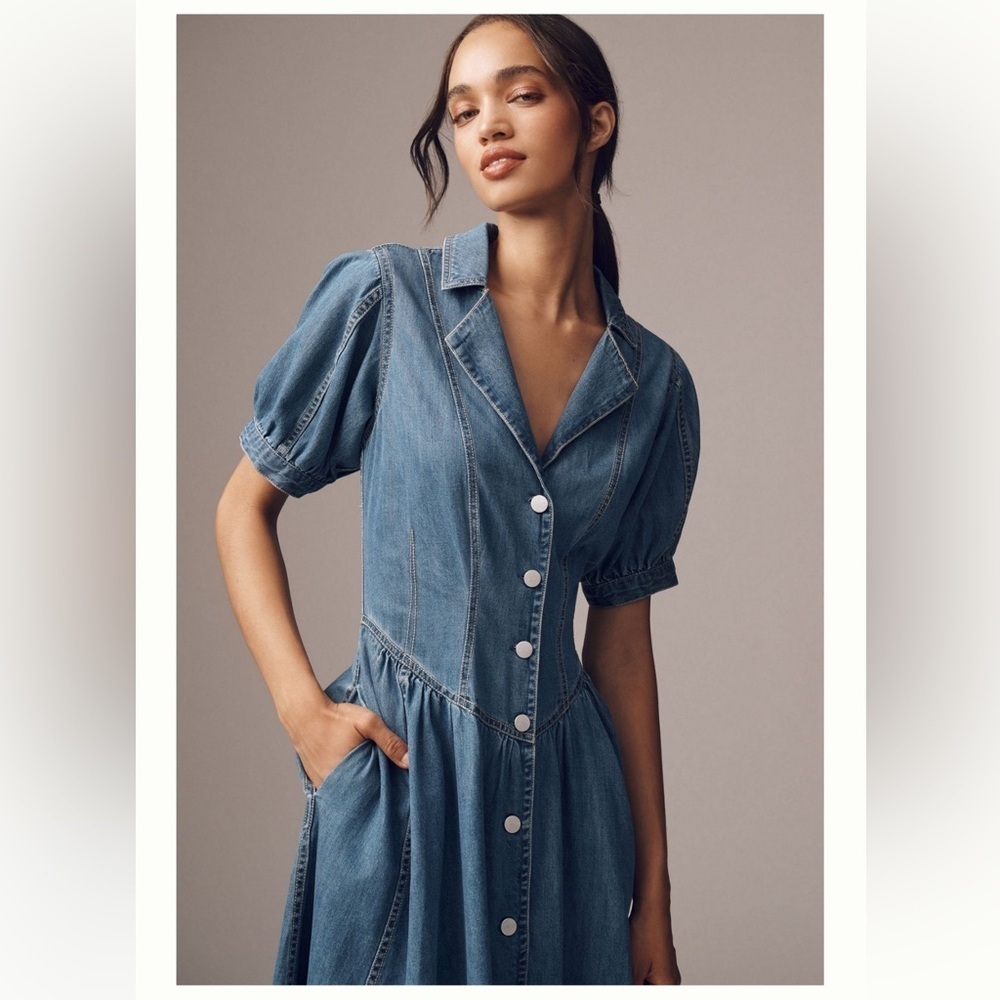 PILCRO | Denim Button-Front Puff Sleeve Dress - Picture 3 of 12